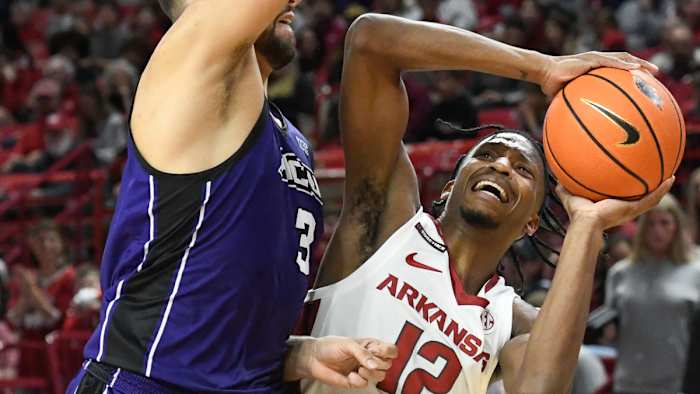 Razorbacks' Tramon Mark drives inside against Abilene Christian